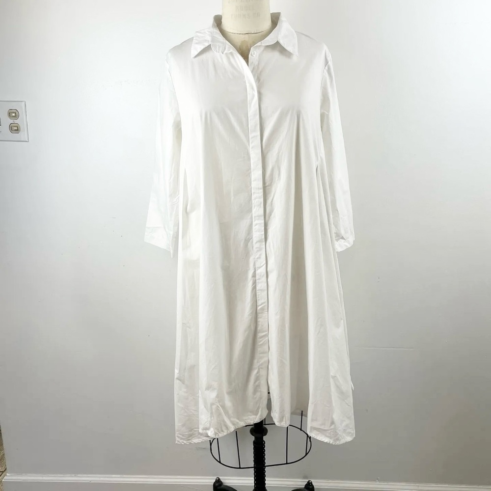 Francesca P Crisp 100% Cotton White Collared Shirt Dress Tent Smock Long Sleeve